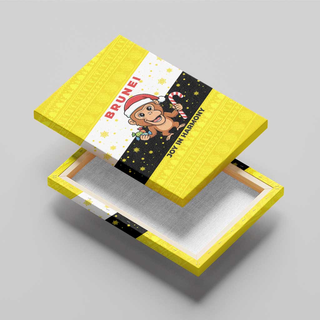 Brunei Christmas Canvas Wall Art with Cartoon Monkey Santa Hat Candy Cane and Yellow Black Flag Pattern - Wonder Print Shop