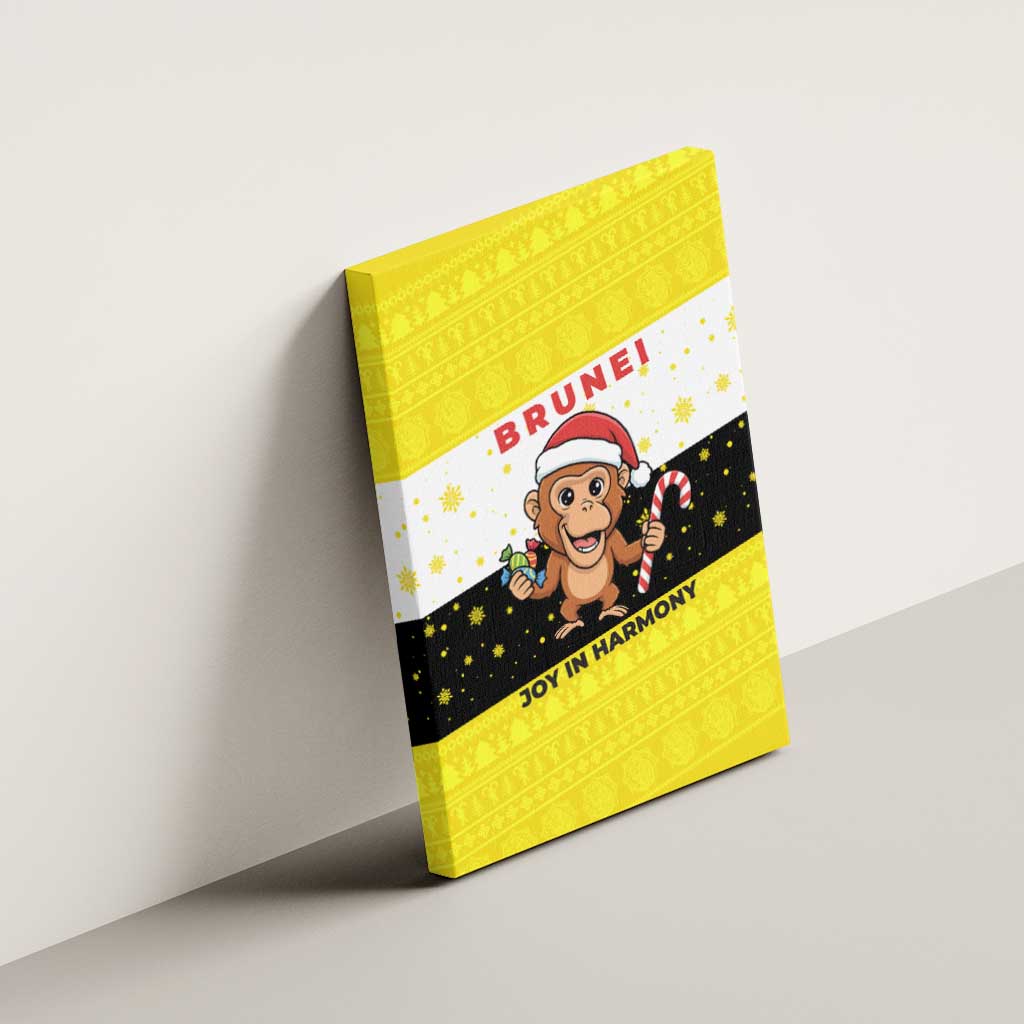 Brunei Christmas Canvas Wall Art with Cartoon Monkey Santa Hat Candy Cane and Yellow Black Flag Pattern - Wonder Print Shop