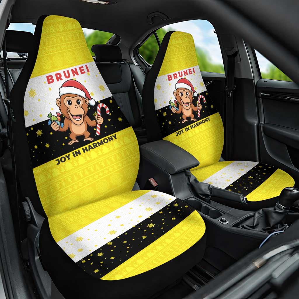 Brunei Christmas Car Seat Cover with Cartoon Monkey Santa Hat Candy Cane and Yellow Black Flag Pattern - Wonder Print Shop