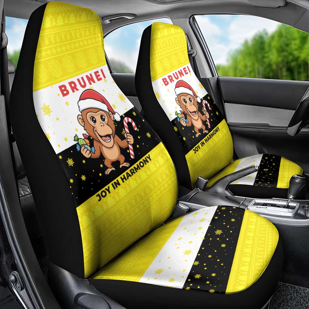 Brunei Christmas Car Seat Cover with Cartoon Monkey Santa Hat Candy Cane and Yellow Black Flag Pattern - Wonder Print Shop