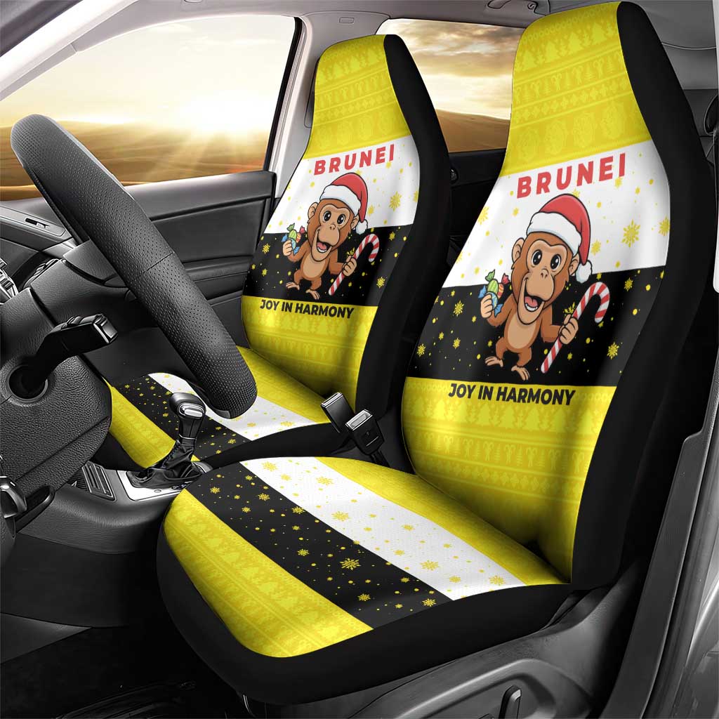 Brunei Christmas Car Seat Cover with Cartoon Monkey Santa Hat Candy Cane and Yellow Black Flag Pattern - Wonder Print Shop