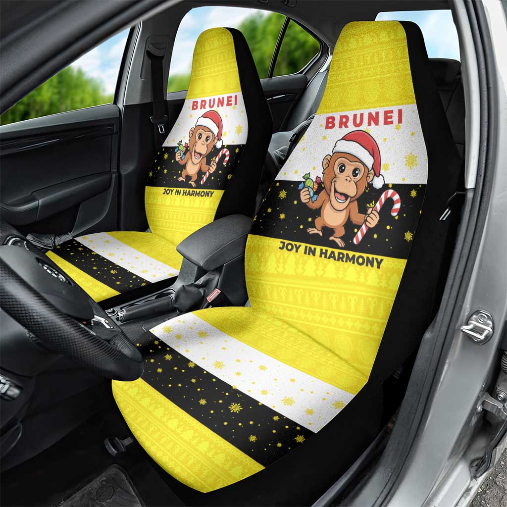 Brunei Christmas Car Seat Cover with Cartoon Monkey Santa Hat Candy Cane and Yellow Black Flag Pattern - Wonder Print Shop