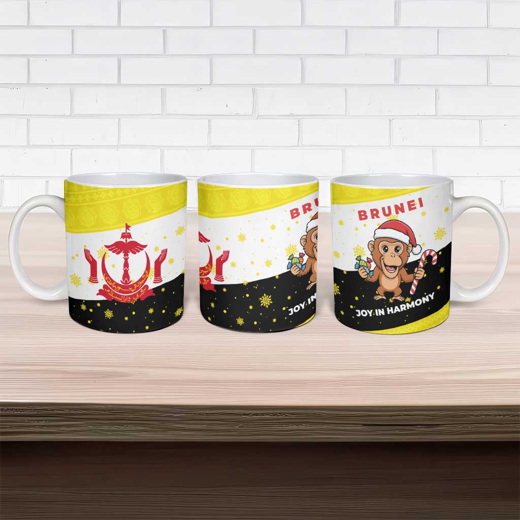 Brunei Christmas Ceramic Mug with Cartoon Monkey Santa Hat Candy Cane and Yellow Black Flag Pattern - Wonder Print Shop