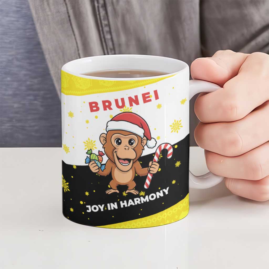 Brunei Christmas Ceramic Mug with Cartoon Monkey Santa Hat Candy Cane and Yellow Black Flag Pattern - Wonder Print Shop