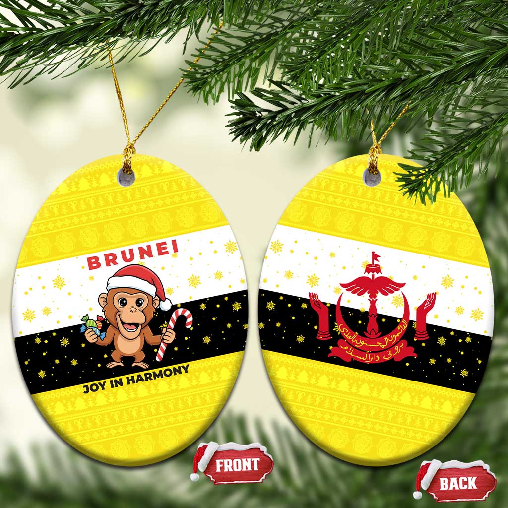 Brunei Christmas Ceramic Ornament with Cartoon Monkey Santa Hat Candy Cane and Yellow Black Flag Pattern - Wonder Print Shop