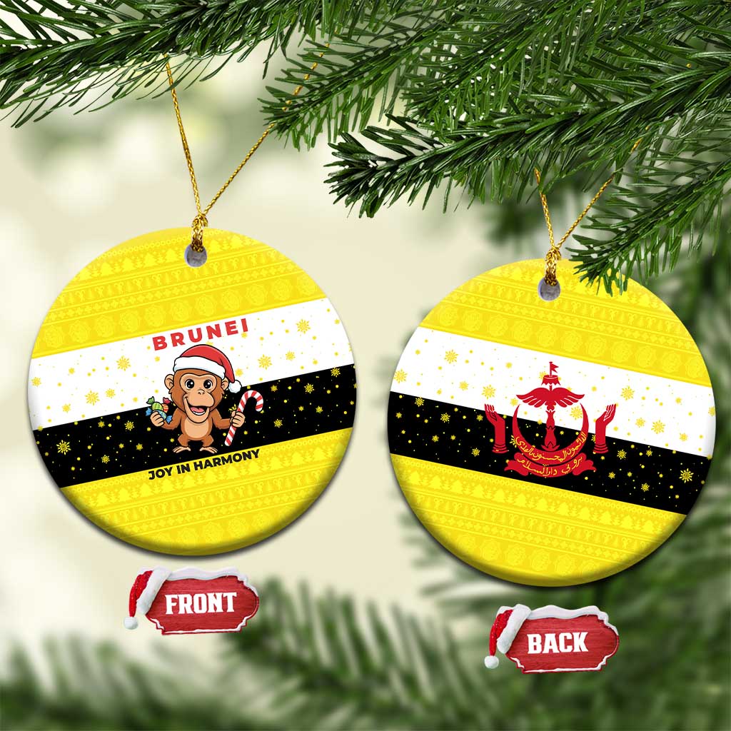 Brunei Christmas Ceramic Ornament with Cartoon Monkey Santa Hat Candy Cane and Yellow Black Flag Pattern - Wonder Print Shop
