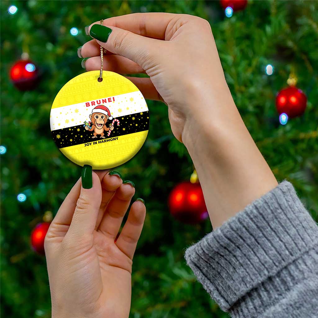 Brunei Christmas Ceramic Ornament with Cartoon Monkey Santa Hat Candy Cane and Yellow Black Flag Pattern - Wonder Print Shop