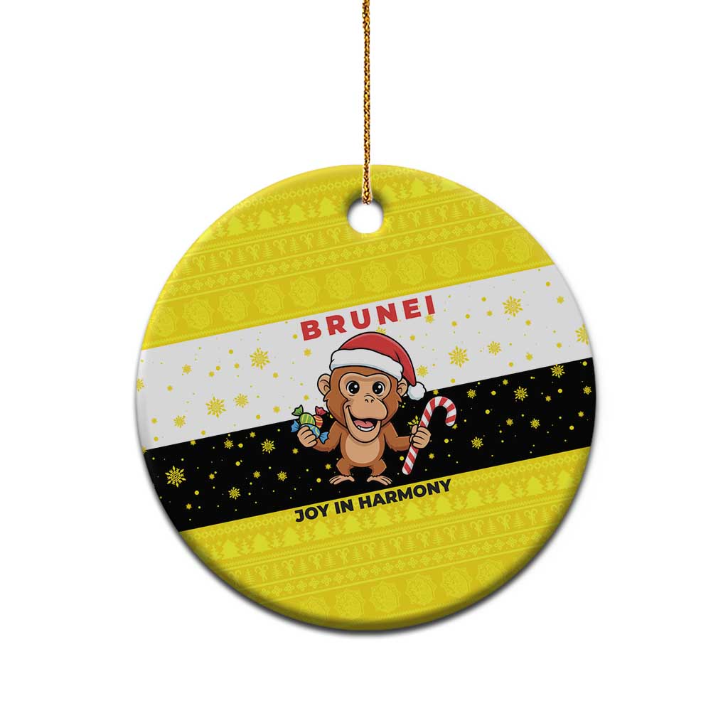 Brunei Christmas Ceramic Ornament with Cartoon Monkey Santa Hat Candy Cane and Yellow Black Flag Pattern - Wonder Print Shop