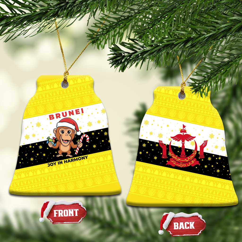 Brunei Christmas Ceramic Ornament with Cartoon Monkey Santa Hat Candy Cane and Yellow Black Flag Pattern - Wonder Print Shop