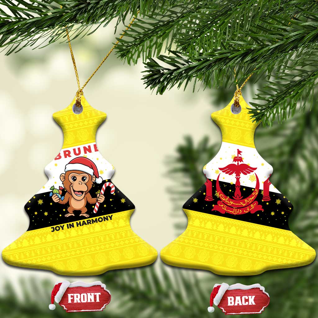 Brunei Christmas Ceramic Ornament with Cartoon Monkey Santa Hat Candy Cane and Yellow Black Flag Pattern - Wonder Print Shop