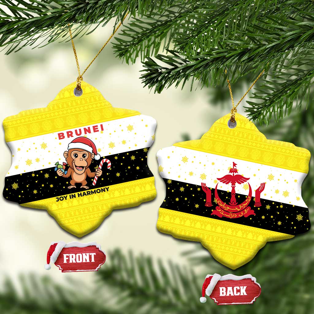 Brunei Christmas Ceramic Ornament with Cartoon Monkey Santa Hat Candy Cane and Yellow Black Flag Pattern - Wonder Print Shop