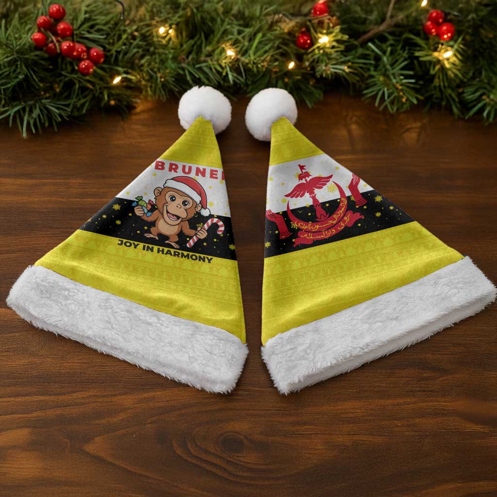 Brunei Christmas Santa Hat with Cartoon Monkey Santa Hat Candy Cane and Yellow Black Flag Pattern - Wonder Print Shop