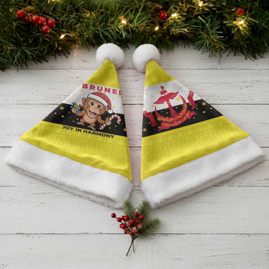 Brunei Christmas Santa Hat with Cartoon Monkey Santa Hat Candy Cane and Yellow Black Flag Pattern - Wonder Print Shop