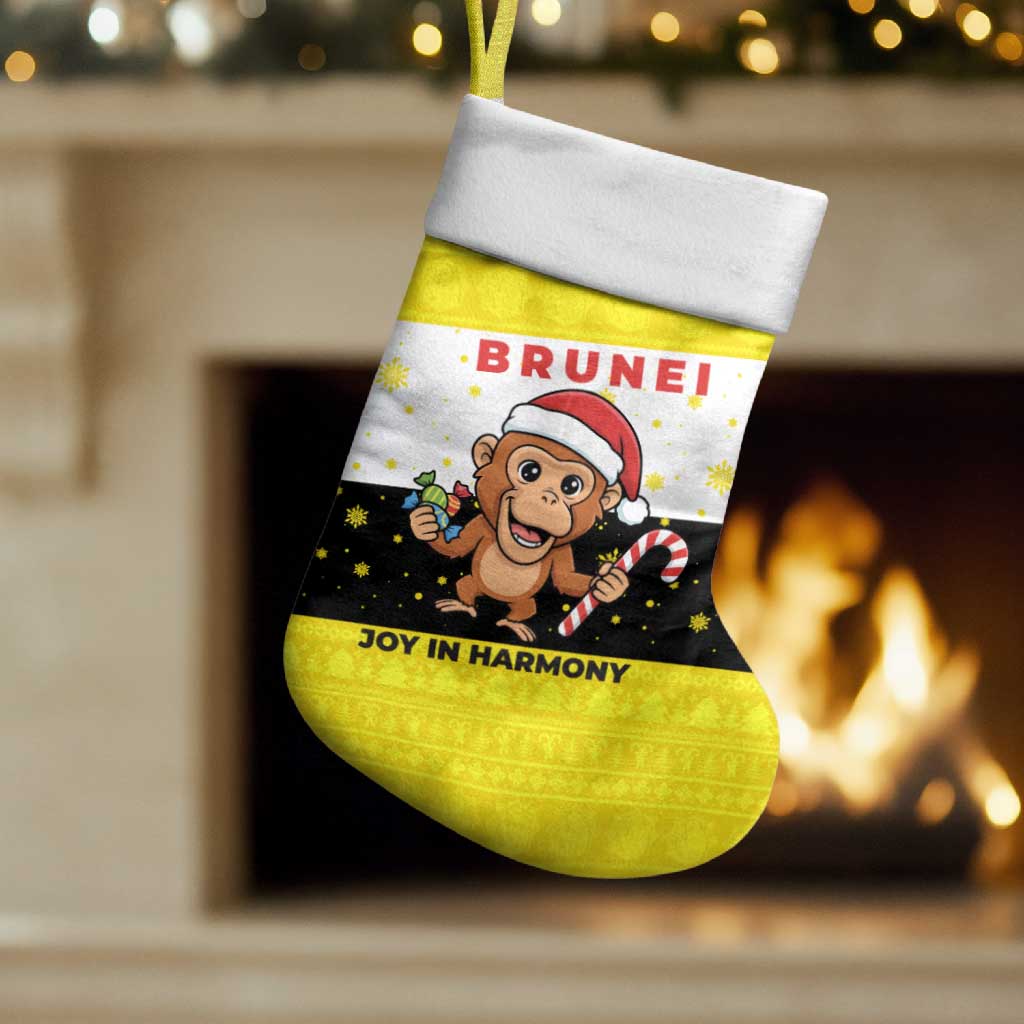Brunei Christmas Stocking with Cartoon Monkey Santa Hat Candy Cane and Yellow Black Flag Pattern - Wonder Print Shop