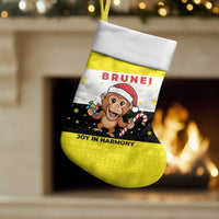 Brunei Christmas Stocking with Cartoon Monkey Santa Hat Candy Cane and Yellow Black Flag Pattern - Wonder Print Shop