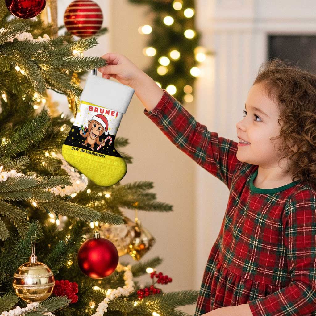 Brunei Christmas Stocking with Cartoon Monkey Santa Hat Candy Cane and Yellow Black Flag Pattern - Wonder Print Shop