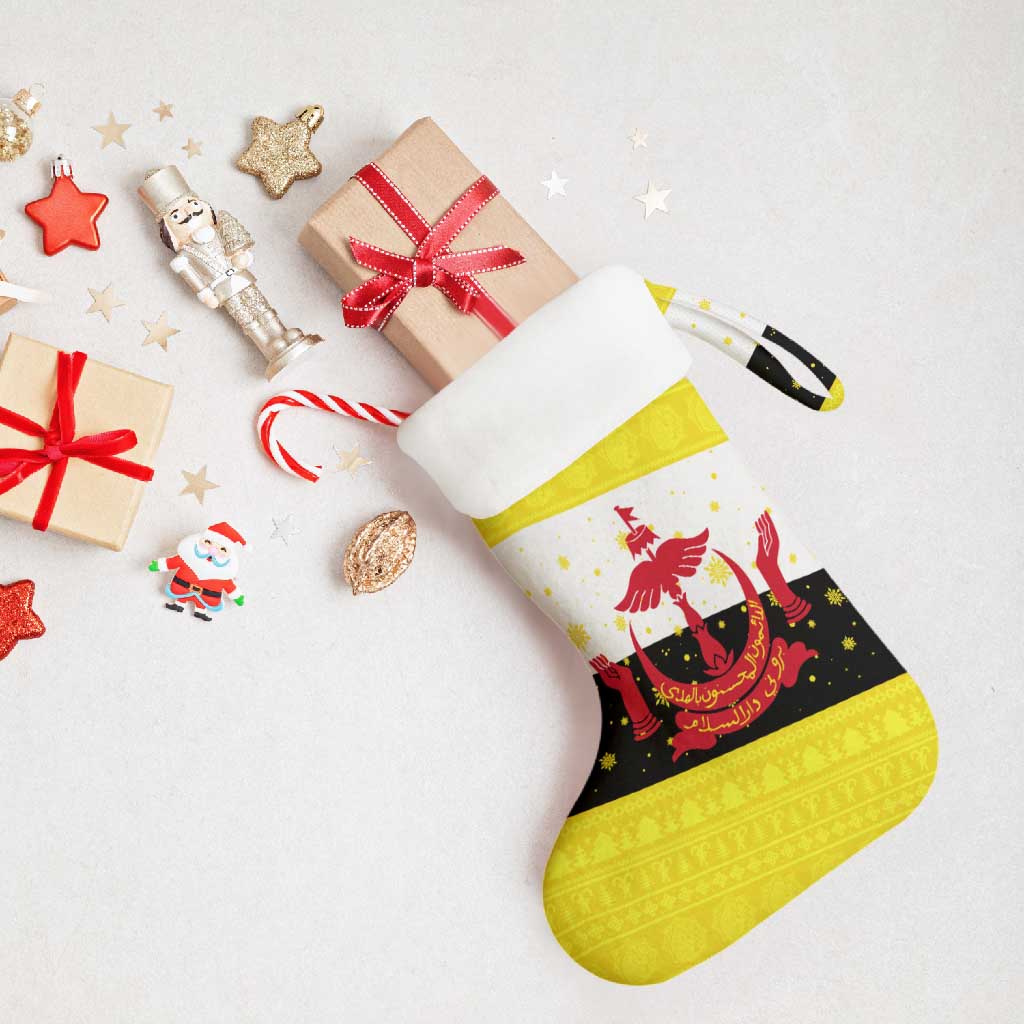 Brunei Christmas Stocking with Cartoon Monkey Santa Hat Candy Cane and Yellow Black Flag Pattern - Wonder Print Shop