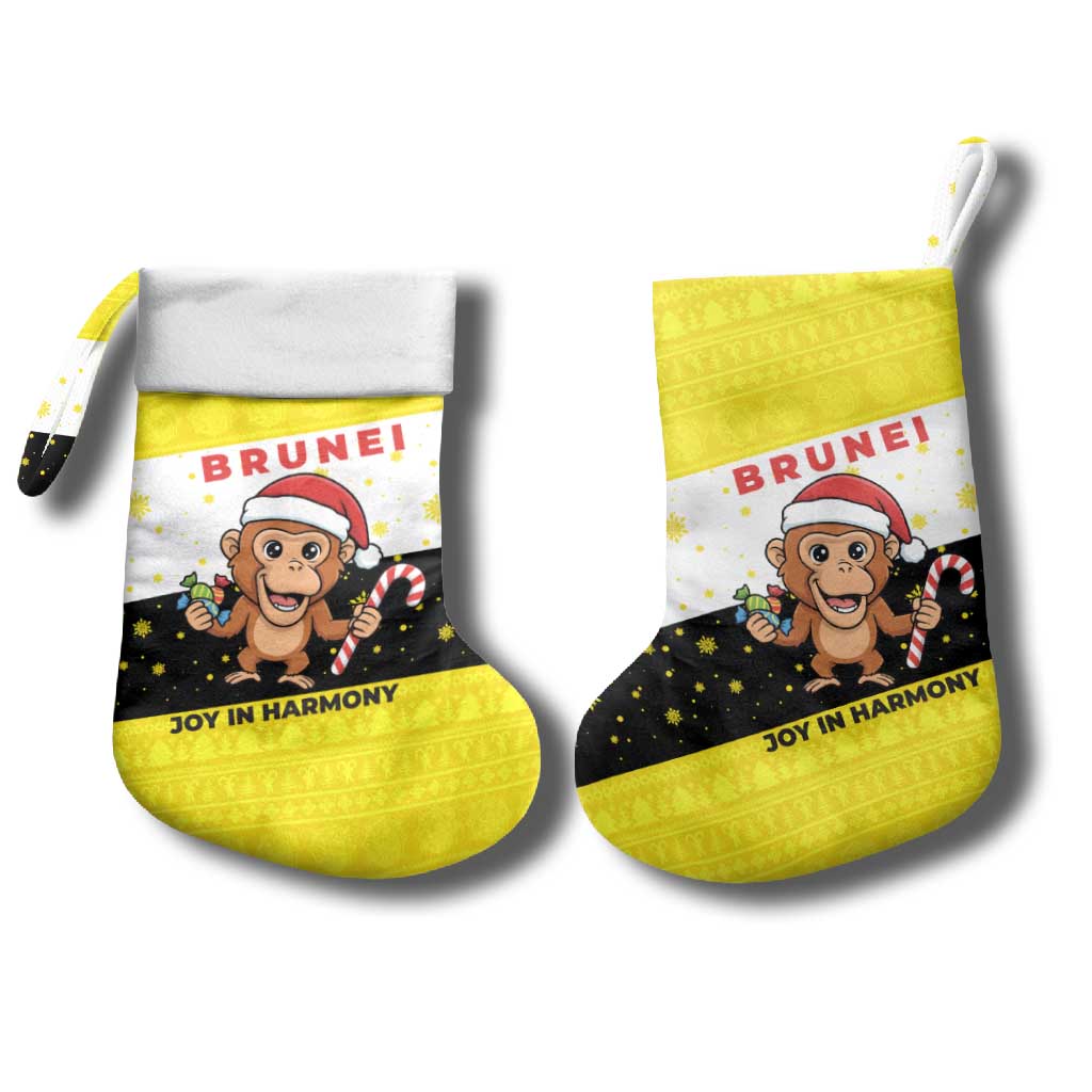 Brunei Christmas Stocking with Cartoon Monkey Santa Hat Candy Cane and Yellow Black Flag Pattern - Wonder Print Shop