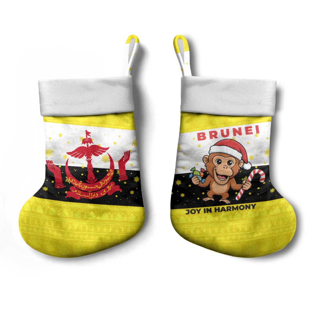 Brunei Christmas Stocking with Cartoon Monkey Santa Hat Candy Cane and Yellow Black Flag Pattern - Wonder Print Shop