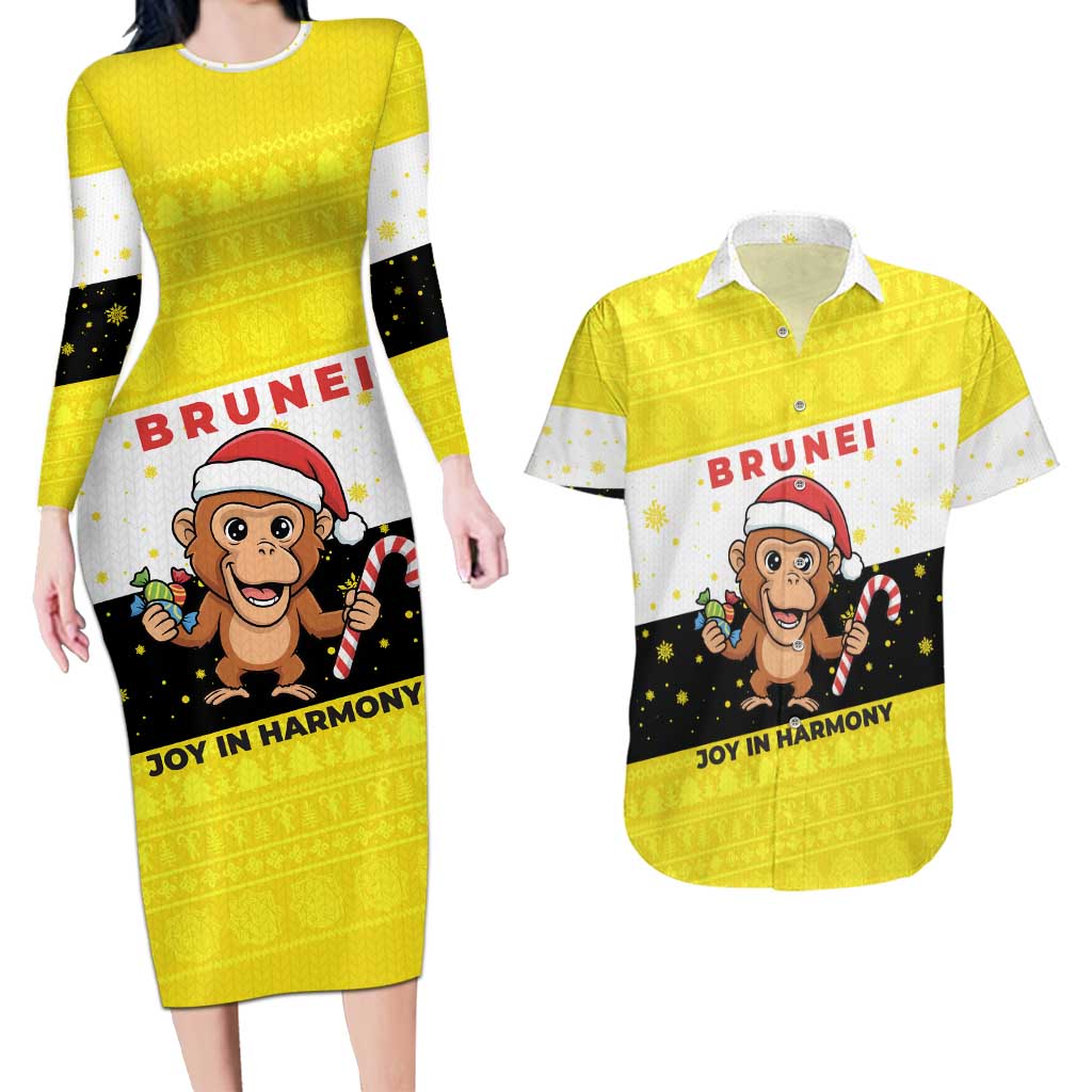 Brunei Christmas Couples Matching Long Sleeve Bodycon Dress and Hawaiian Shirt with Cartoon Monkey Santa Hat Candy Cane and Yellow Black Flag Pattern - Wonder Print Shop