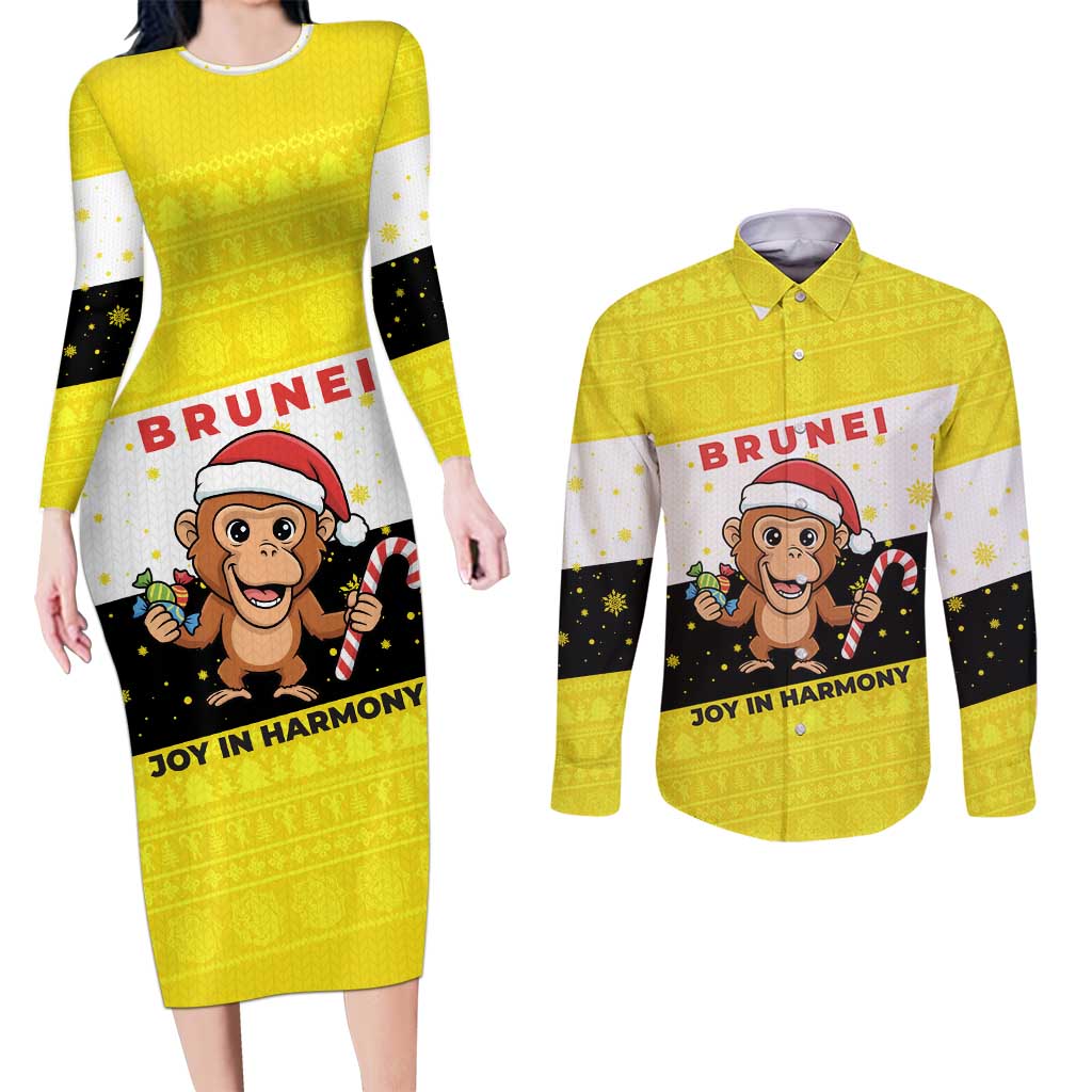 Brunei Christmas Couples Matching Long Sleeve Bodycon Dress and Long Sleeve Button Shirt with Cartoon Monkey Santa Hat Candy Cane and Yellow Black Flag Pattern - Wonder Print Shop