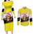 Brunei Christmas Couples Matching Long Sleeve Bodycon Dress and Long Sleeve Button Shirt with Cartoon Monkey Santa Hat Candy Cane and Yellow Black Flag Pattern - Wonder Print Shop