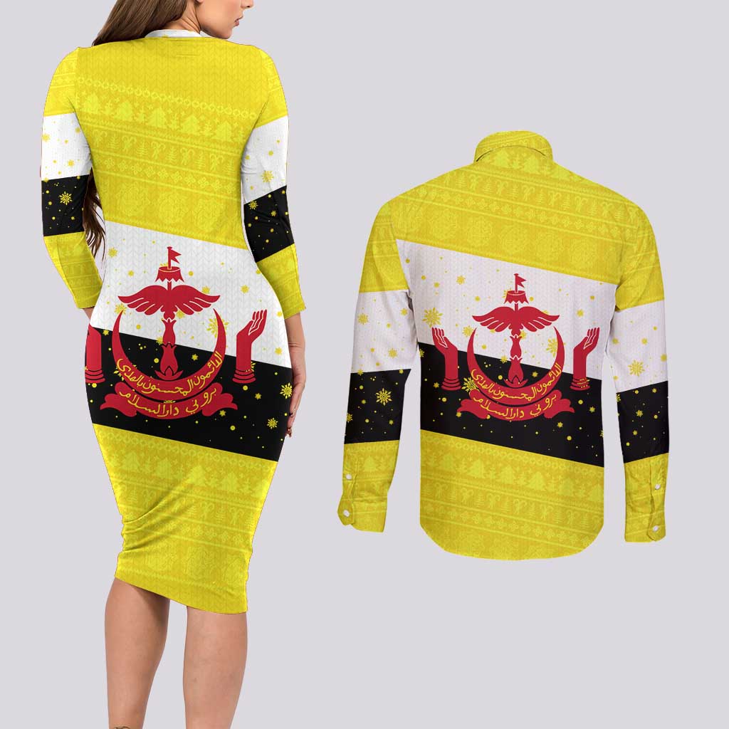 Brunei Christmas Couples Matching Long Sleeve Bodycon Dress and Long Sleeve Button Shirt with Cartoon Monkey Santa Hat Candy Cane and Yellow Black Flag Pattern - Wonder Print Shop