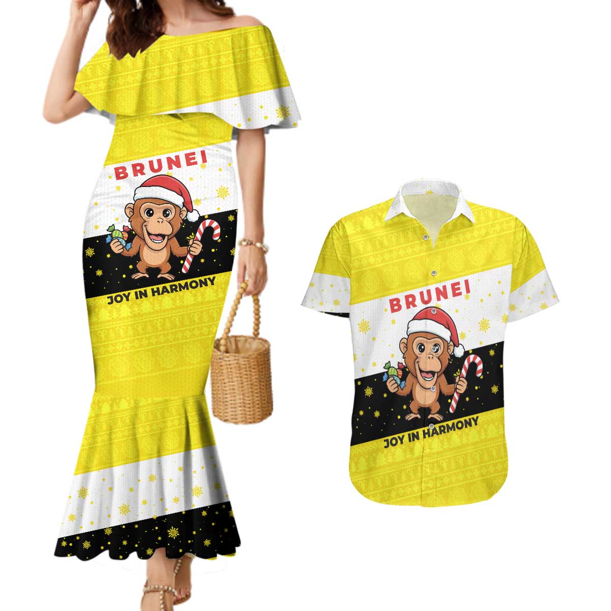 Brunei Christmas Couples Matching Mermaid Dress and Hawaiian Shirt with Cartoon Monkey Santa Hat Candy Cane and Yellow Black Flag Pattern - Wonder Print Shop