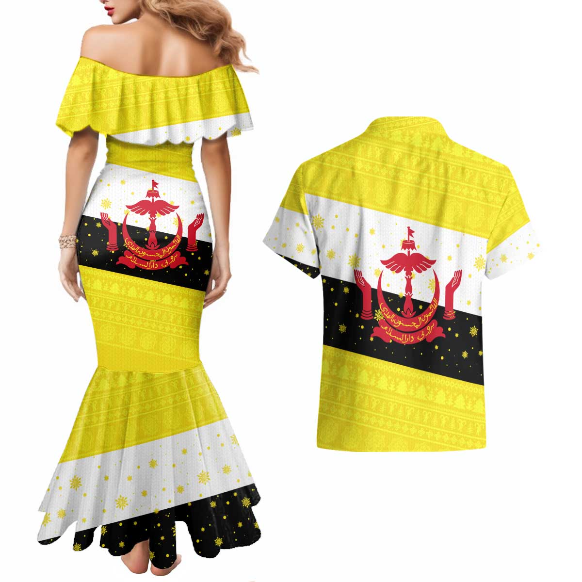 Brunei Christmas Couples Matching Mermaid Dress and Hawaiian Shirt with Cartoon Monkey Santa Hat Candy Cane and Yellow Black Flag Pattern - Wonder Print Shop