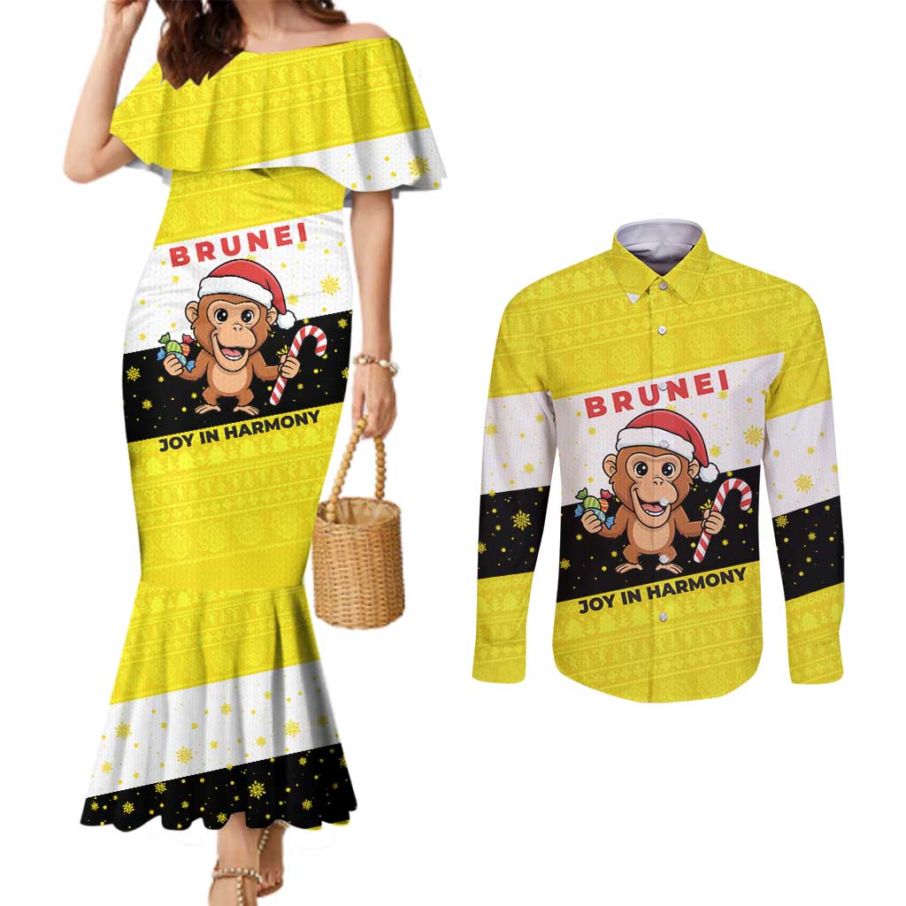 Brunei Christmas Couples Matching Mermaid Dress and Long Sleeve Button Shirt with Cartoon Monkey Santa Hat Candy Cane and Yellow Black Flag Pattern - Wonder Print Shop