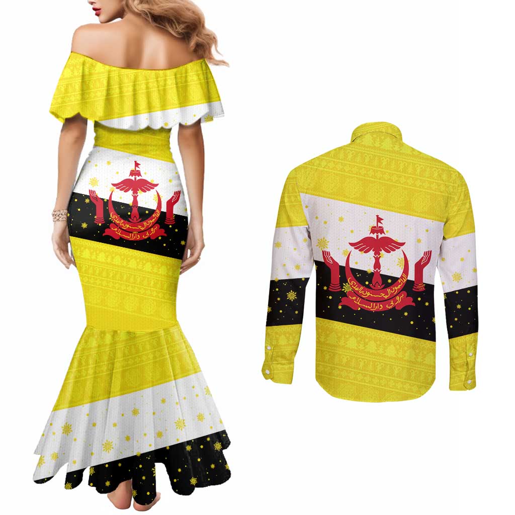 Brunei Christmas Couples Matching Mermaid Dress and Long Sleeve Button Shirt with Cartoon Monkey Santa Hat Candy Cane and Yellow Black Flag Pattern - Wonder Print Shop