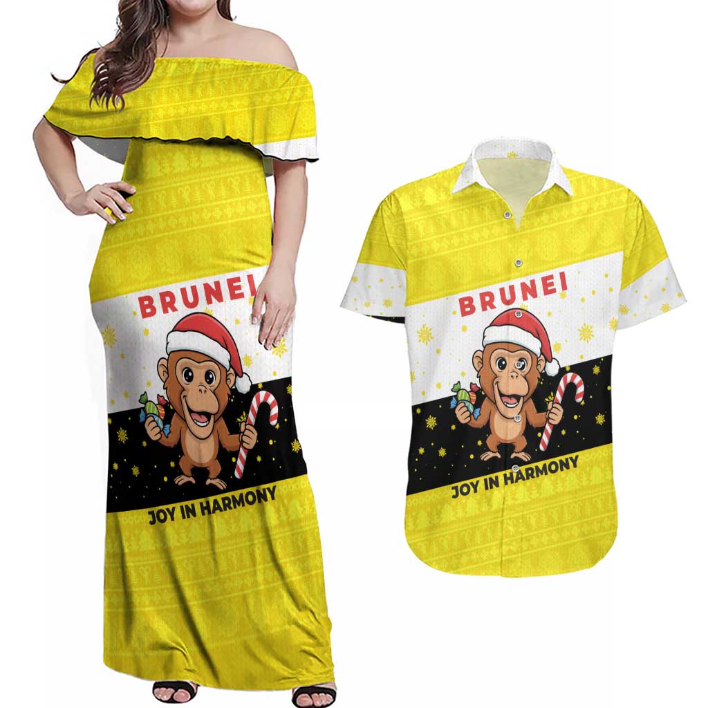 Brunei Christmas Couples Matching Off Shoulder Maxi Dress and Hawaiian Shirt with Cartoon Monkey Santa Hat Candy Cane and Yellow Black Flag Pattern - Wonder Print Shop