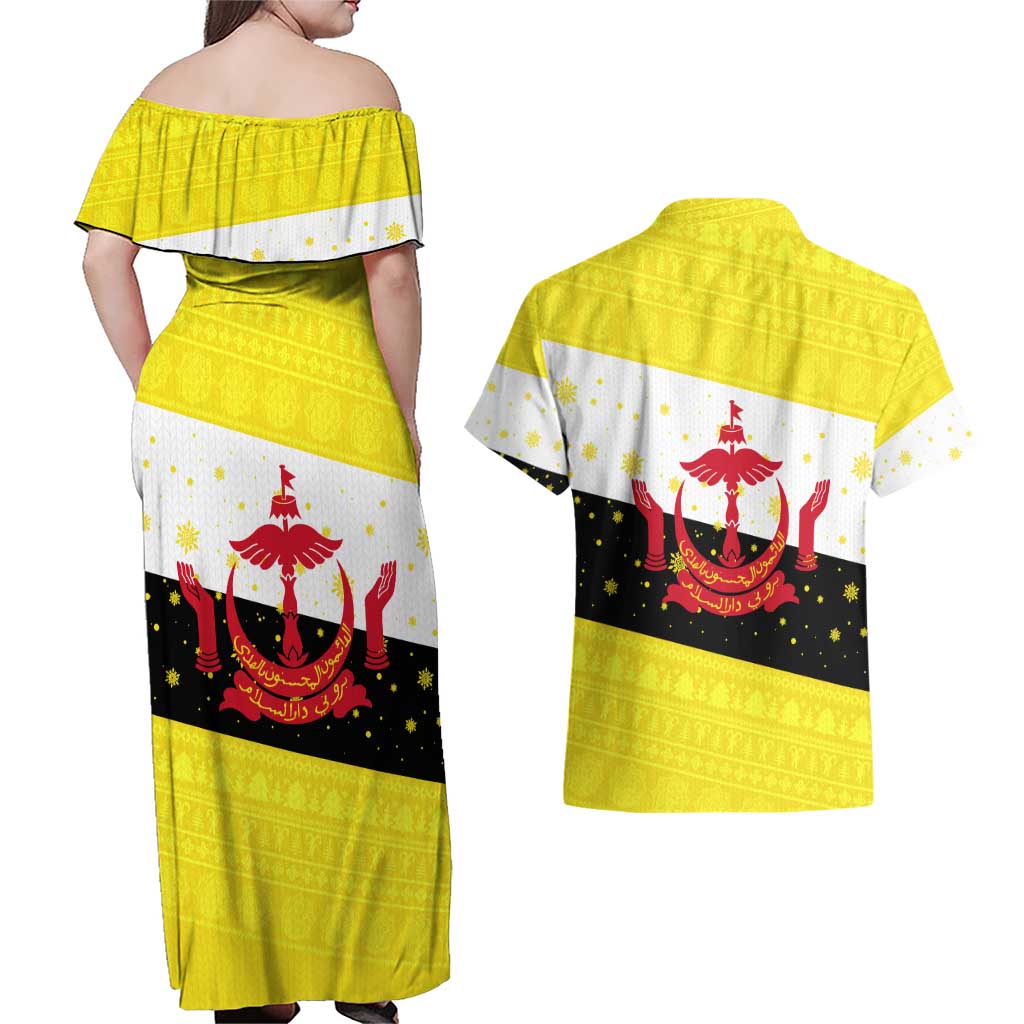 Brunei Christmas Couples Matching Off Shoulder Maxi Dress and Hawaiian Shirt with Cartoon Monkey Santa Hat Candy Cane and Yellow Black Flag Pattern - Wonder Print Shop