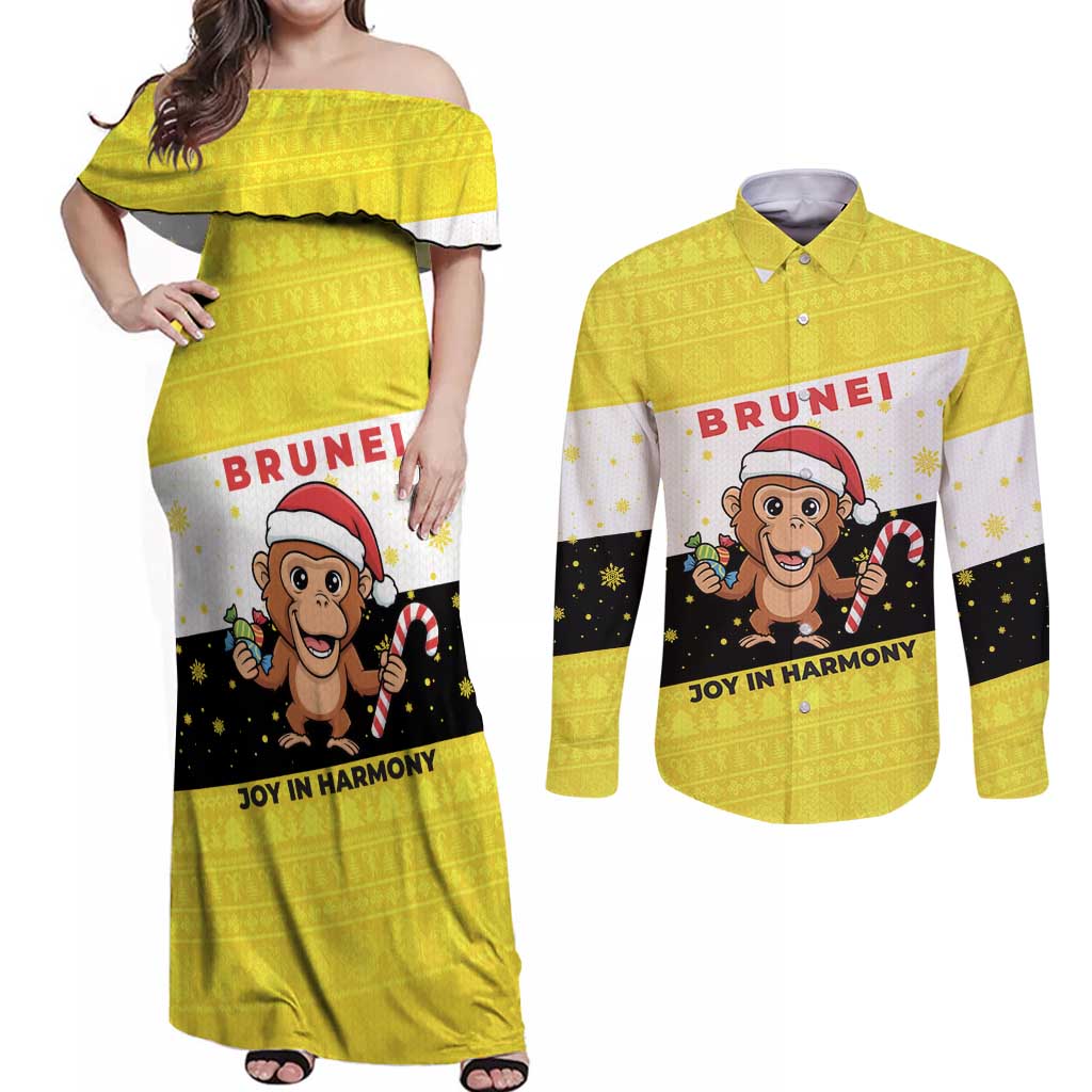 Brunei Christmas Couples Matching Off Shoulder Maxi Dress and Long Sleeve Button Shirt with Cartoon Monkey Santa Hat Candy Cane and Yellow Black Flag Pattern - Wonder Print Shop