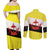 Brunei Christmas Couples Matching Off Shoulder Maxi Dress and Long Sleeve Button Shirt with Cartoon Monkey Santa Hat Candy Cane and Yellow Black Flag Pattern - Wonder Print Shop