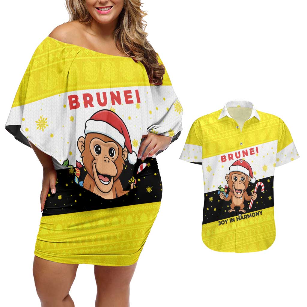 Brunei Christmas Couples Matching Off Shoulder Short Dress and Hawaiian Shirt with Cartoon Monkey Santa Hat Candy Cane and Yellow Black Flag Pattern - Wonder Print Shop