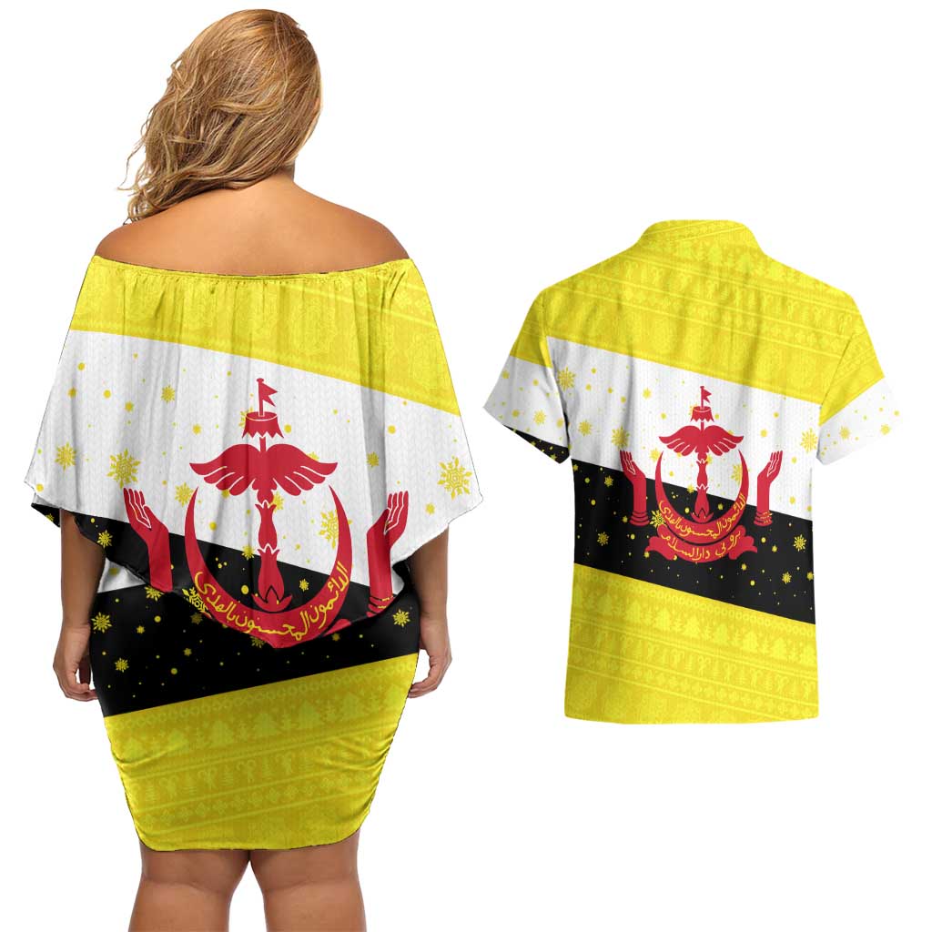Brunei Christmas Couples Matching Off Shoulder Short Dress and Hawaiian Shirt with Cartoon Monkey Santa Hat Candy Cane and Yellow Black Flag Pattern - Wonder Print Shop