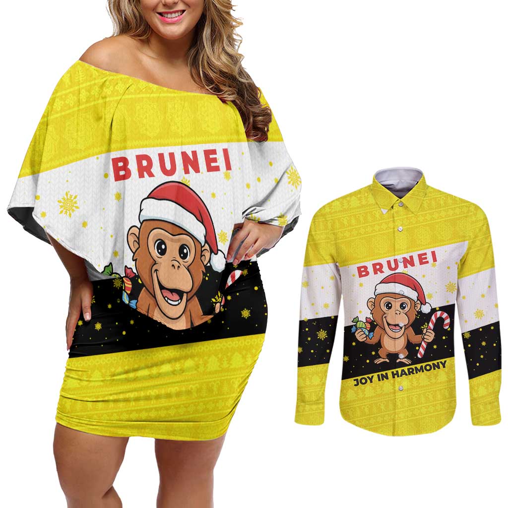 Brunei Christmas Couples Matching Off Shoulder Short Dress and Long Sleeve Button Shirt with Cartoon Monkey Santa Hat Candy Cane and Yellow Black Flag Pattern - Wonder Print Shop