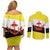 Brunei Christmas Couples Matching Off Shoulder Short Dress and Long Sleeve Button Shirt with Cartoon Monkey Santa Hat Candy Cane and Yellow Black Flag Pattern - Wonder Print Shop