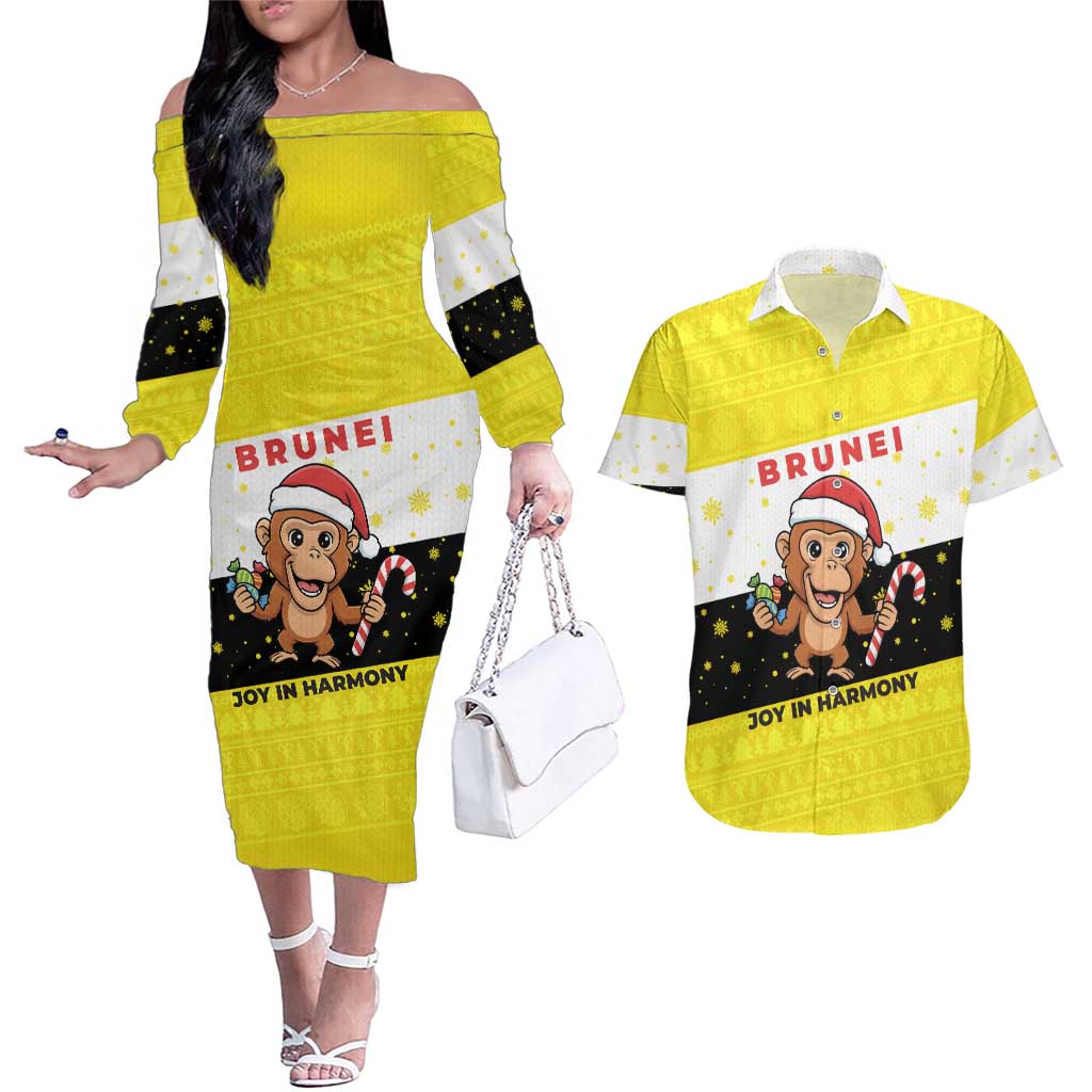 Brunei Christmas Couples Matching Off The Shoulder Long Sleeve Dress and Hawaiian Shirt with Cartoon Monkey Santa Hat Candy Cane and Yellow Black Flag Pattern - Wonder Print Shop