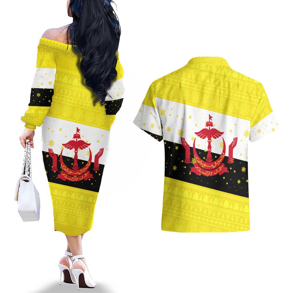 Brunei Christmas Couples Matching Off The Shoulder Long Sleeve Dress and Hawaiian Shirt with Cartoon Monkey Santa Hat Candy Cane and Yellow Black Flag Pattern - Wonder Print Shop