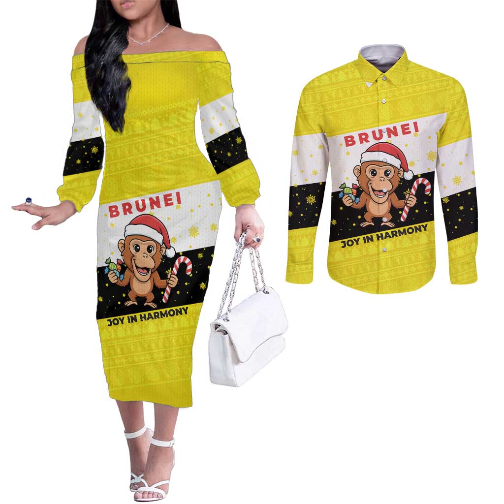 Brunei Christmas Couples Matching Off The Shoulder Long Sleeve Dress and Long Sleeve Button Shirt with Cartoon Monkey Santa Hat Candy Cane and Yellow Black Flag Pattern - Wonder Print Shop