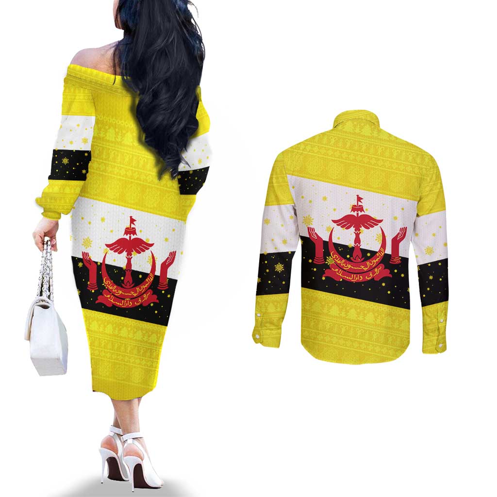 Brunei Christmas Couples Matching Off The Shoulder Long Sleeve Dress and Long Sleeve Button Shirt with Cartoon Monkey Santa Hat Candy Cane and Yellow Black Flag Pattern - Wonder Print Shop
