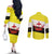 Brunei Christmas Couples Matching Off The Shoulder Long Sleeve Dress and Long Sleeve Button Shirt with Cartoon Monkey Santa Hat Candy Cane and Yellow Black Flag Pattern - Wonder Print Shop