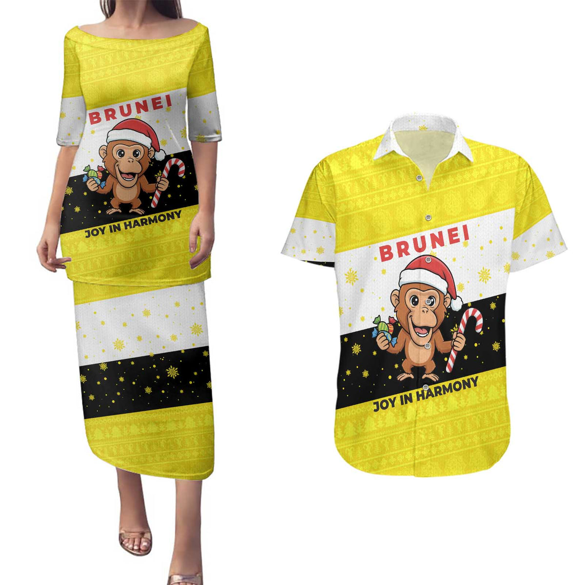 Brunei Christmas Couples Matching Puletasi and Hawaiian Shirt with Cartoon Monkey Santa Hat Candy Cane and Yellow Black Flag Pattern - Wonder Print Shop