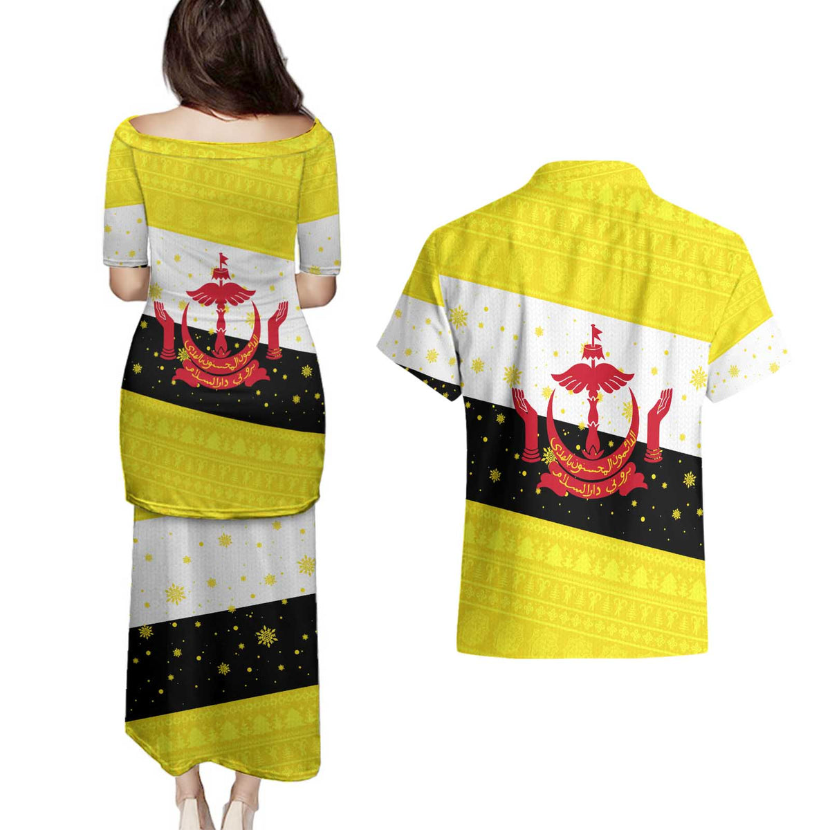 Brunei Christmas Couples Matching Puletasi and Hawaiian Shirt with Cartoon Monkey Santa Hat Candy Cane and Yellow Black Flag Pattern - Wonder Print Shop