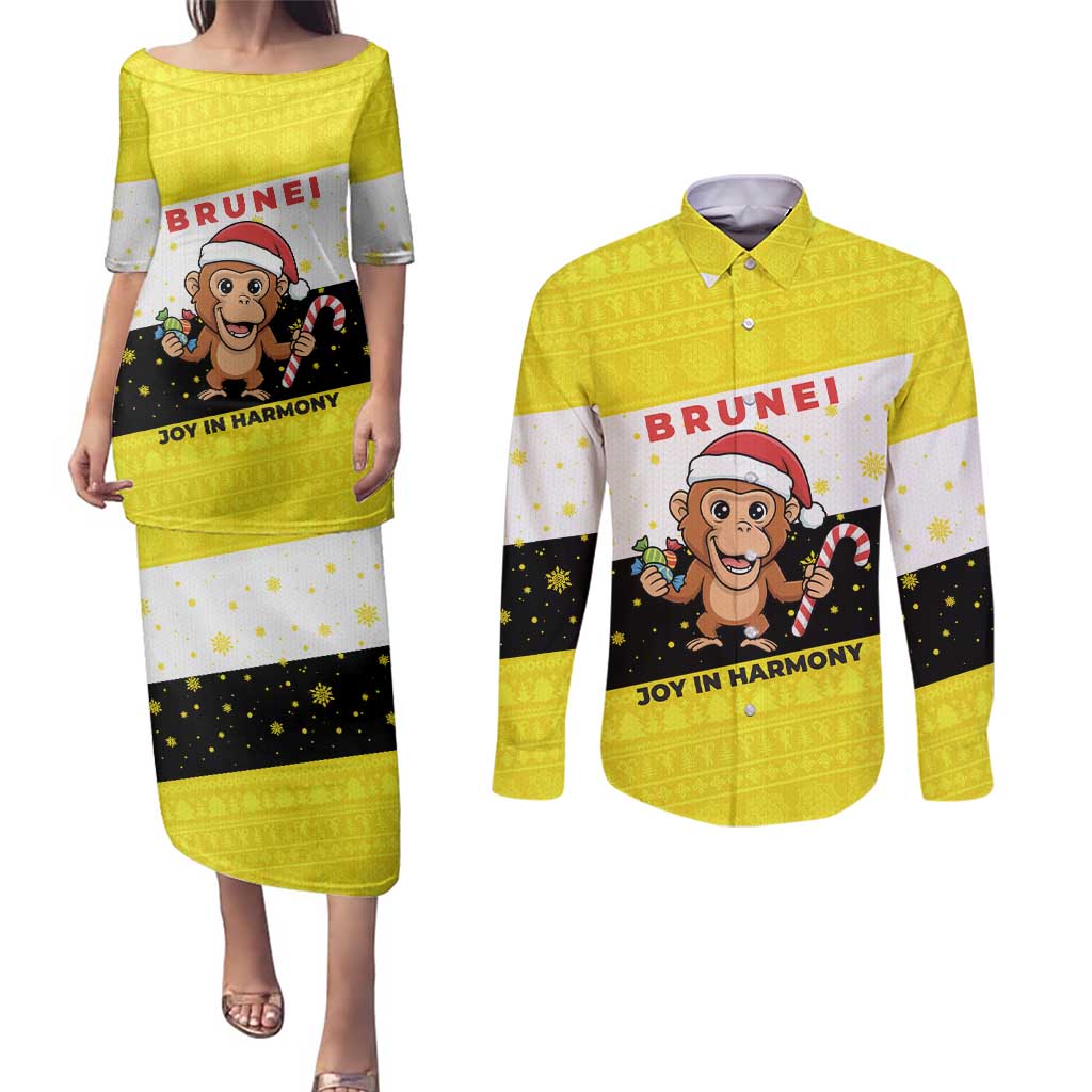 Brunei Christmas Couples Matching Puletasi and Long Sleeve Button Shirt with Cartoon Monkey Santa Hat Candy Cane and Yellow Black Flag Pattern - Wonder Print Shop