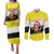 Brunei Christmas Couples Matching Puletasi and Long Sleeve Button Shirt with Cartoon Monkey Santa Hat Candy Cane and Yellow Black Flag Pattern - Wonder Print Shop
