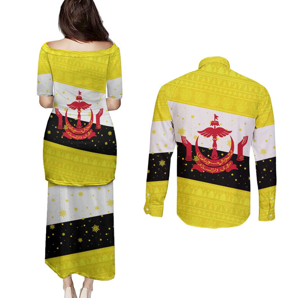 Brunei Christmas Couples Matching Puletasi and Long Sleeve Button Shirt with Cartoon Monkey Santa Hat Candy Cane and Yellow Black Flag Pattern - Wonder Print Shop