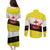 Brunei Christmas Couples Matching Puletasi and Long Sleeve Button Shirt with Cartoon Monkey Santa Hat Candy Cane and Yellow Black Flag Pattern - Wonder Print Shop